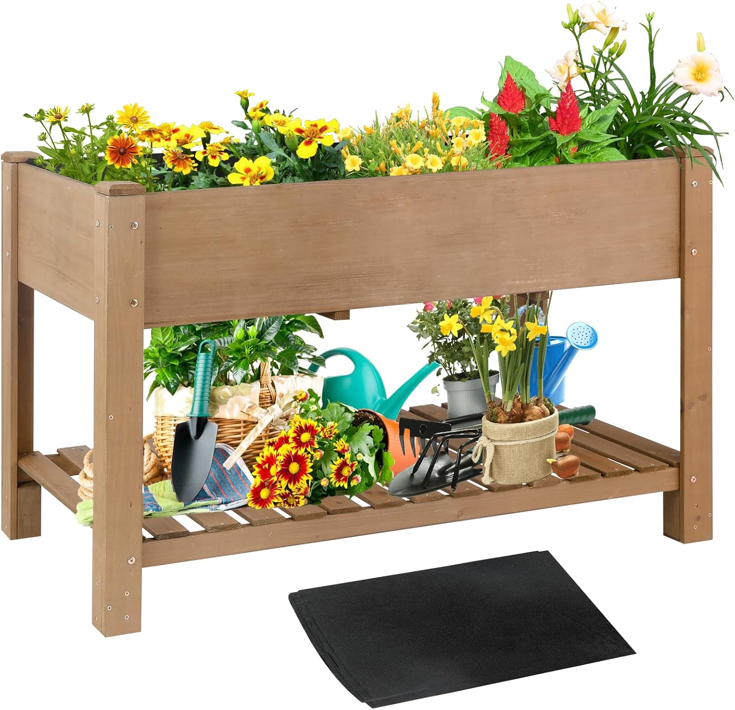 Raised Garden Bed with Legs - Elevated Wooden Planter Box, Durable Fir Wood, Reinforced Frame with Drainage Holes, Liner, and Storage Shelf for Vegetables, Herbs, Flowers, 47" x 23" x 30"