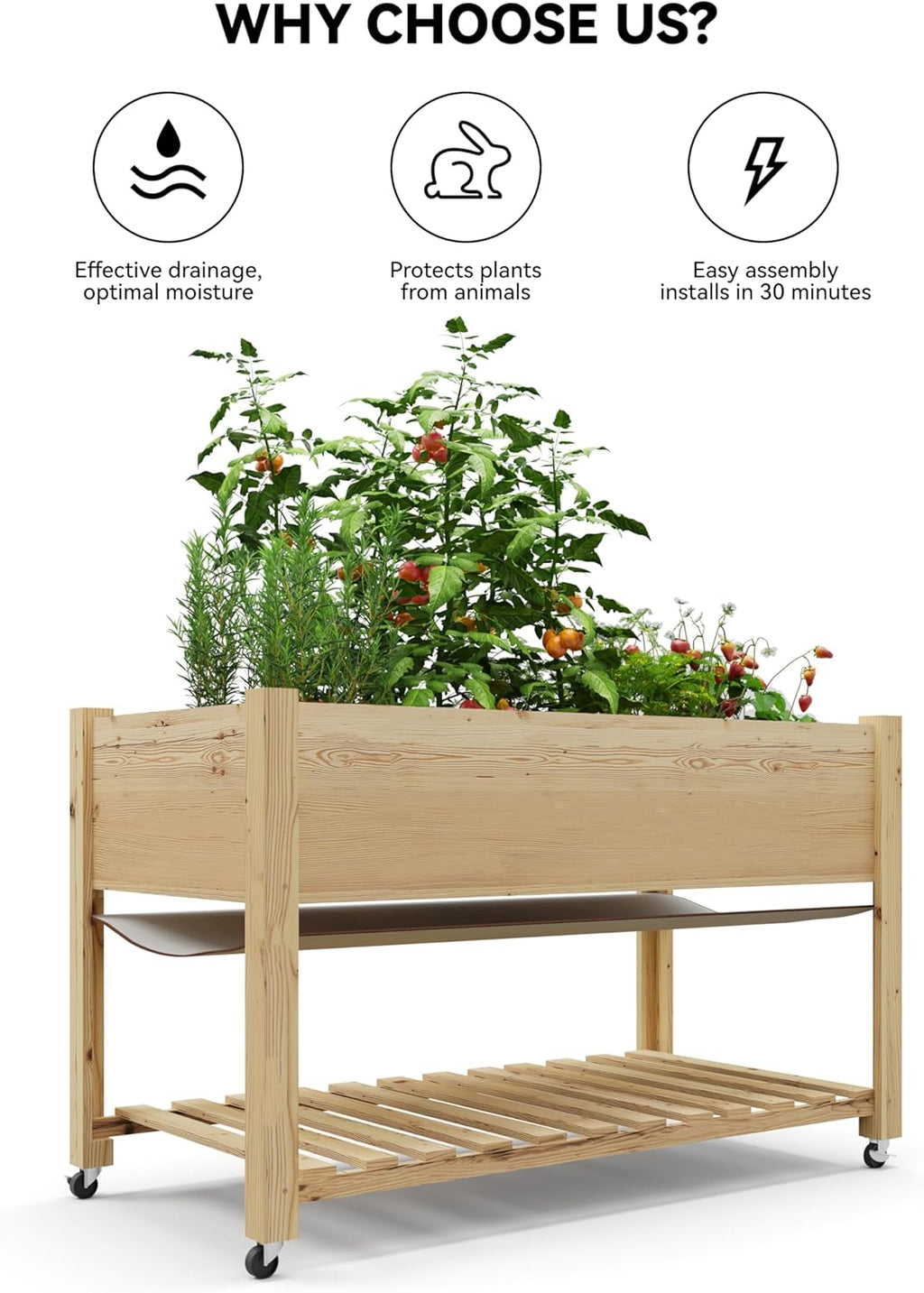 Outdoor Raised Garden Beds with Lockable Wheels Elevated Wooden Growing Bed for Flowers, Vegetables,Planter Box with Legs & Storage Shelf for Backyard, Patio, Balcony