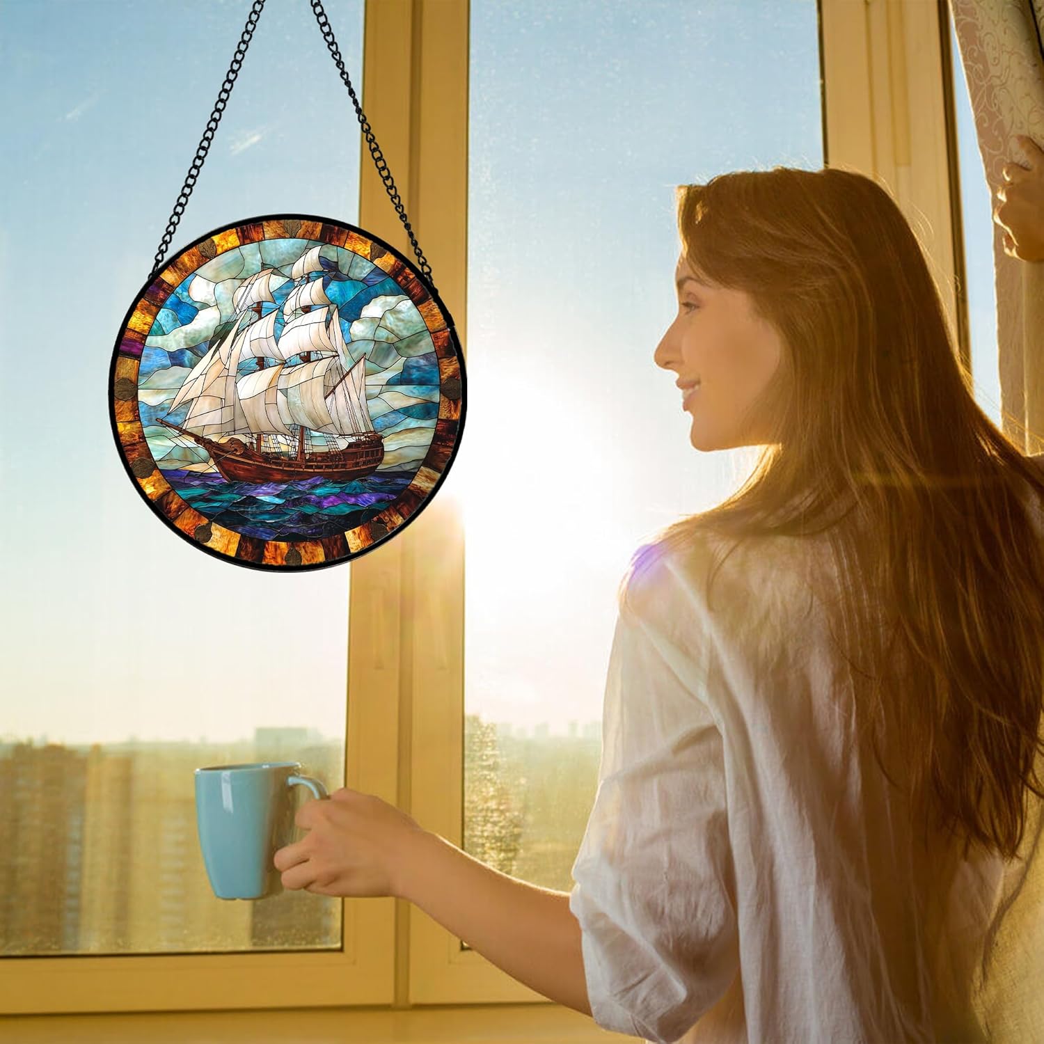 Stained Glass Window Hanging, Sailing Ocean Sun Catchers Glass Panel Navigation Suncatcher Decor for Birthday for Women, Men, Wife, Aunt, and Mom 9.8 in