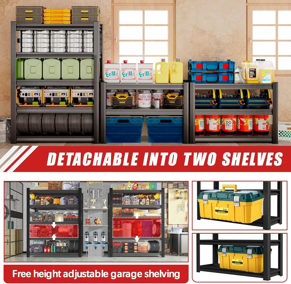 2500lb Capacity Heavy Duty Industrial Shelves | 5-Tier Steel Storage Rack | Adjustable Garage, Warehouse, Workshop Shelving | 63" H x 39.4" W x 17.7" D | Black