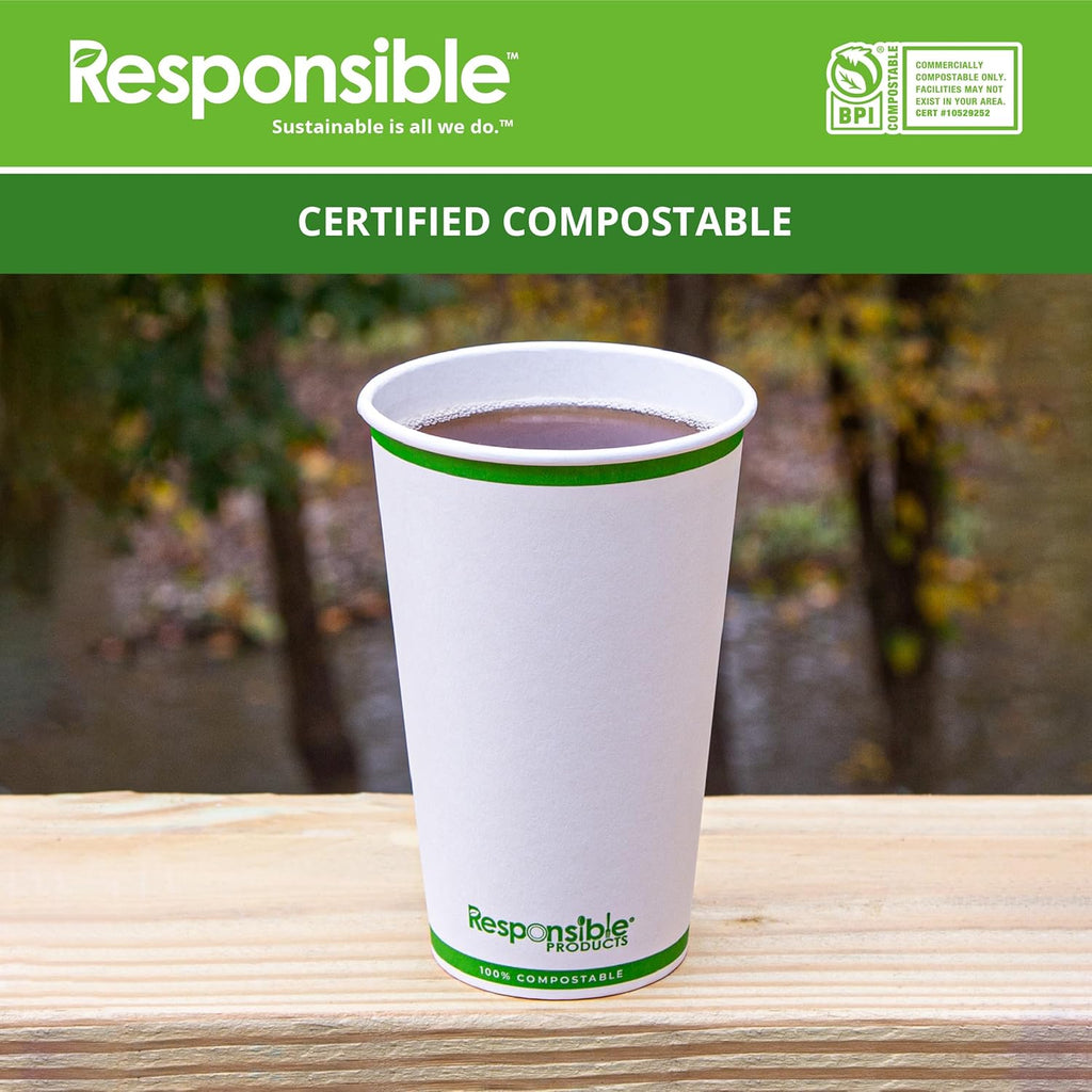 Certified Compostable 16 oz Paper Cups, Cold ＆ Hot Coffee Cups, Disposable Paper Cups, Extra Strength Disposable Cups, Made without PFAS (50 count)