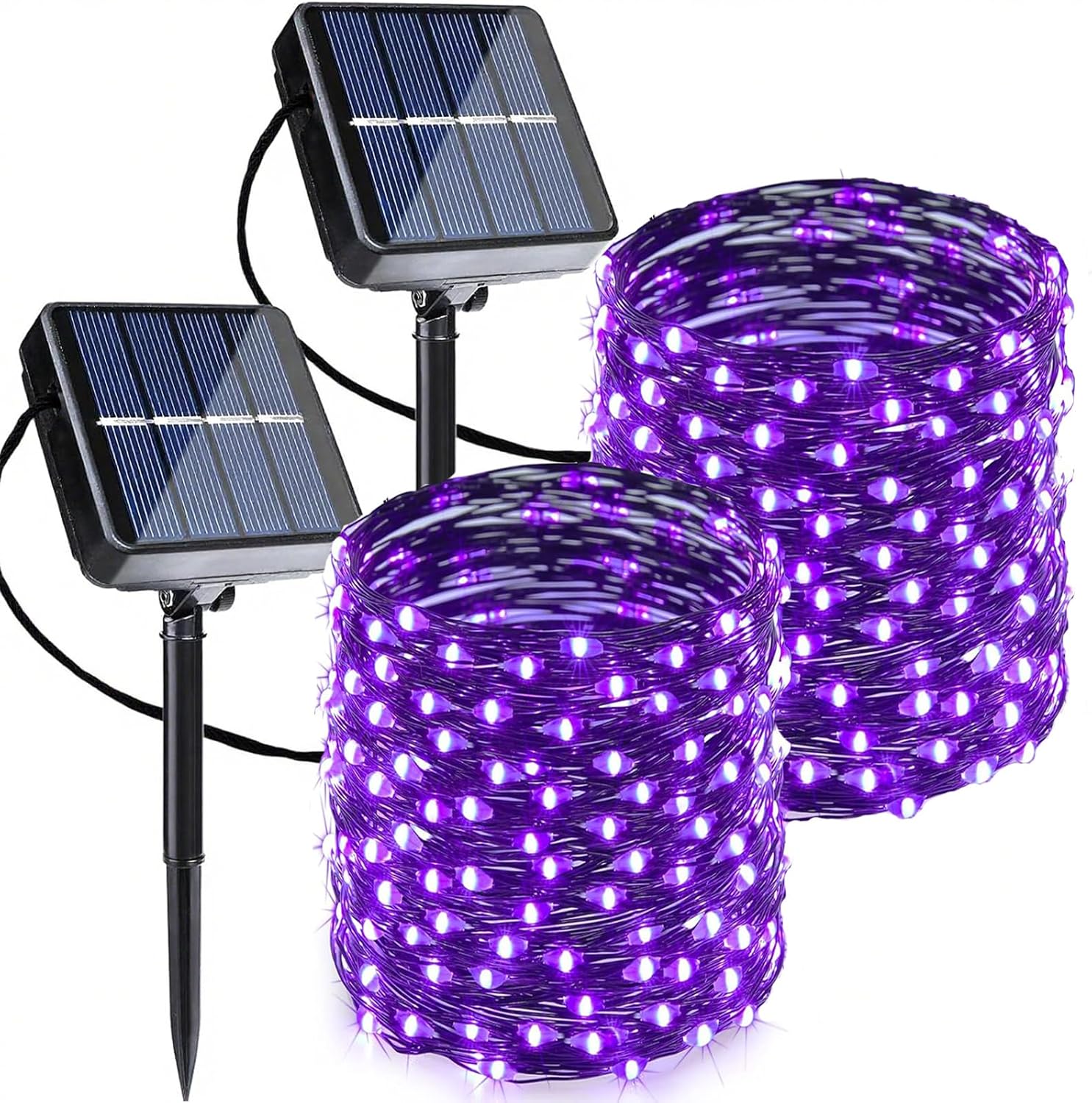 Joomer Purple Halloween Solar String Lights - 2 Pack Total 80FT 240LED Solar Fairy Lights, Waterproof Outdoor Twinkle Lights with 8 Modes for Garden, Porch, Trees, Halloween Decor (Black Wire)