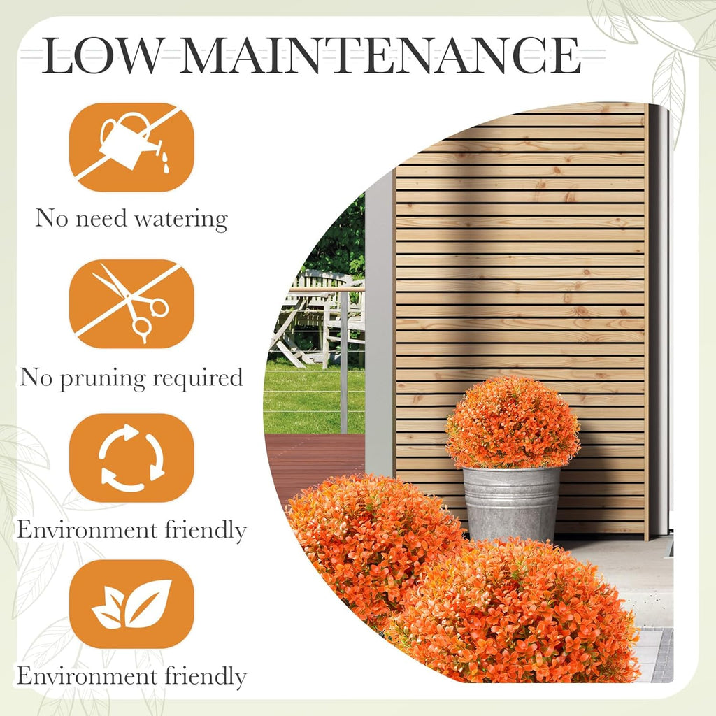 Yunlly 4 Pack 18" Artificial Boxwood Ball Bush Topiary Trees Fake Outdoor Plants, Realistic UV Resistance Faux Shrubs with Spike Greenery Topiary for Front Porch Garden Yard Patio Indoor (Orange)
