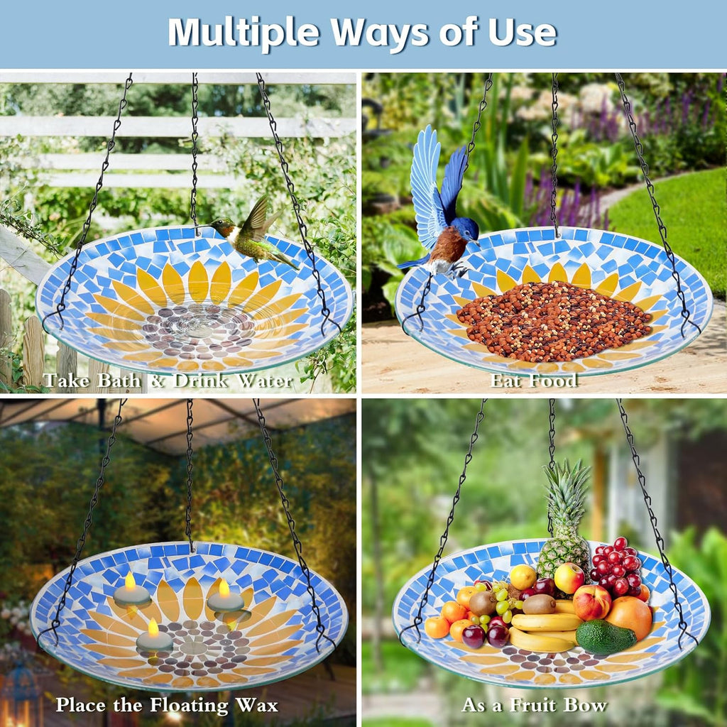 MUMTOP Mosaic Hanging Bird Bath-Bird Baths for Outdoors - 12 Inch Glass Birdbath Bird Water Bowl Bird Feeders for Outside, Garden, Lawn Yard Decor（Sunflower）