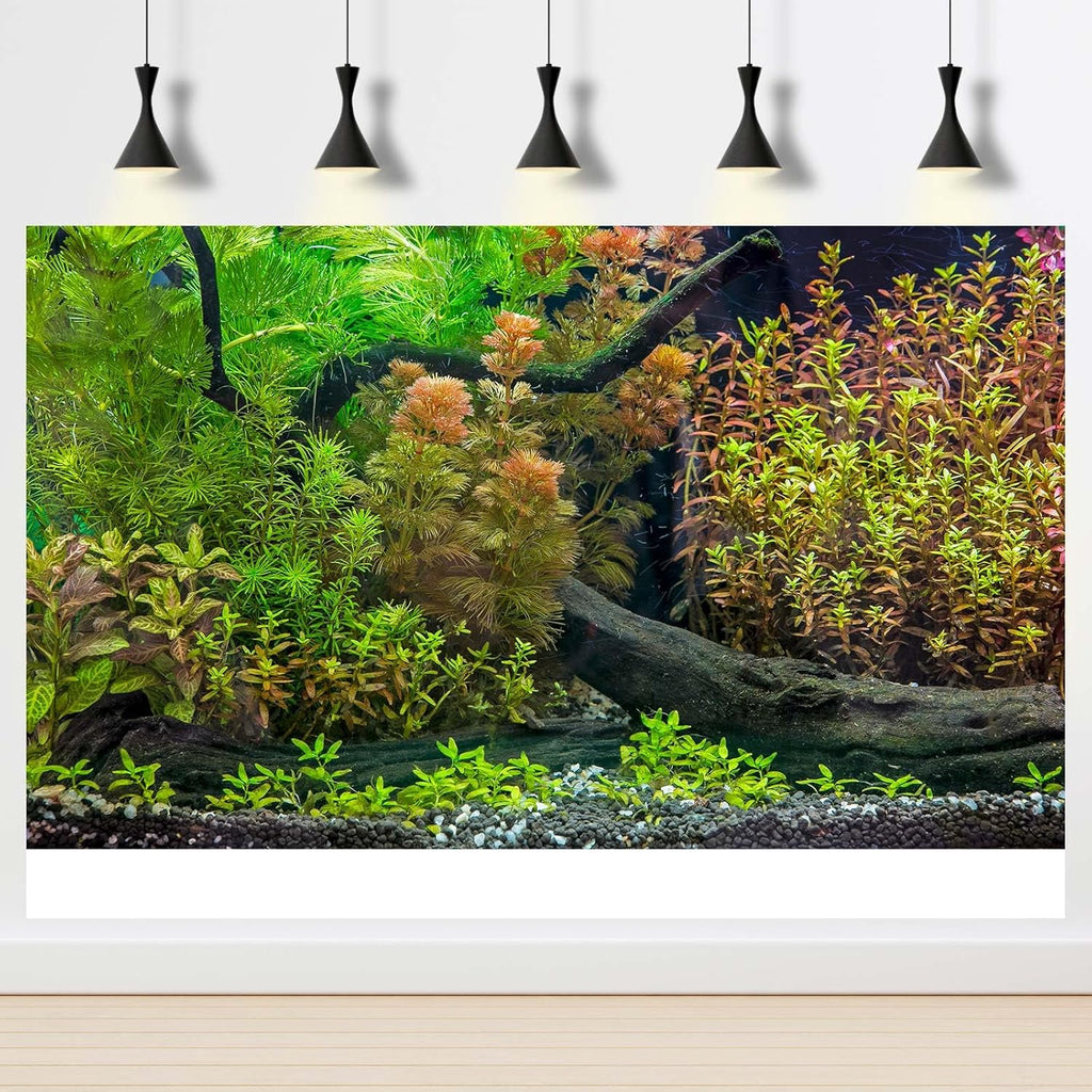 Underwater Fish Tank Background Grass Leaves with Pebbles Exquisite Aquarium Background Vivid Green Aquatic Plant Stone River Bed Terrarium Background Underwater Dead Wood Tank Background 48x24in
