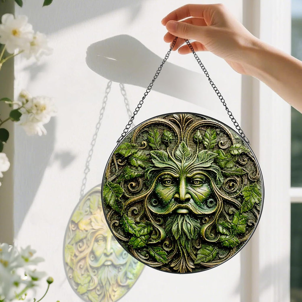 Green Man Stained Glass Suncatcher, Stained Glass Window Hanging, 8 Inch Window Decor Hanging, Gift for Garden Lovers, Fathers Day Birthday Gifts for Dad Grandpa Man Bother Husband Lover