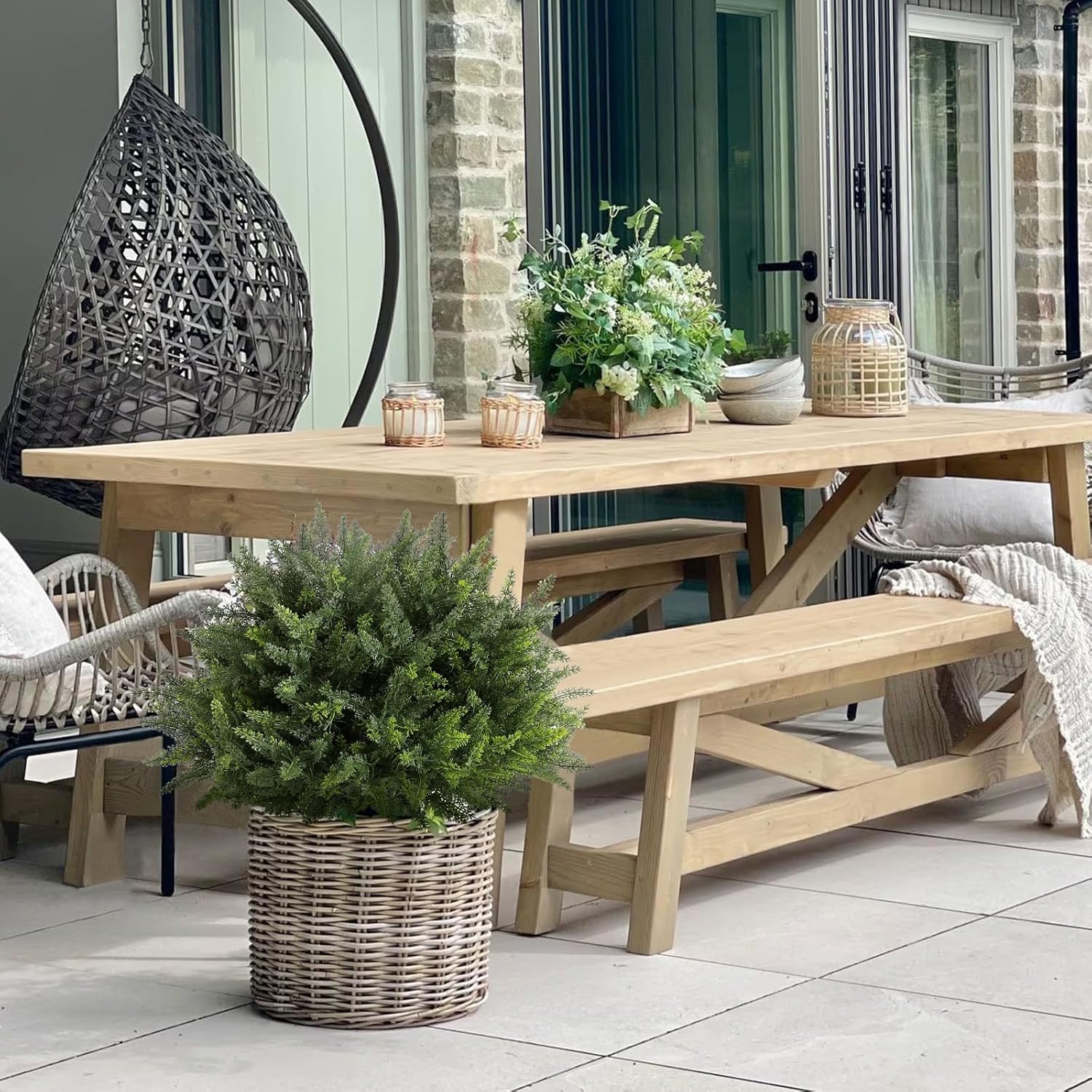 23.6Inch Artificial Cedar Topiary, 2 Pack UV Resistant Faux Evergreen Shrubs with Ground Spikes, Indoor Outdoor Potted Plants for Porch, Garden, Front Door Decor