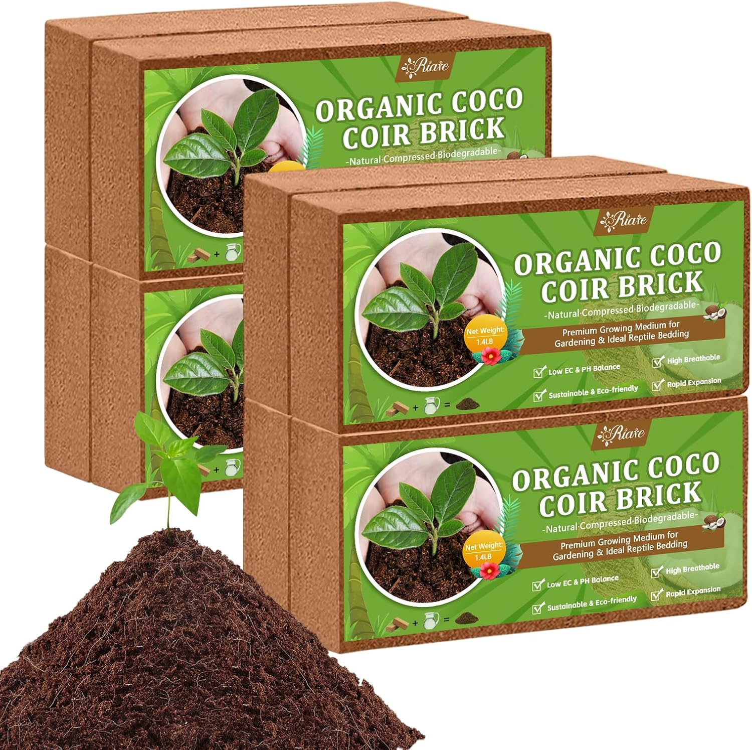 Riare 8pcs Organic Coco Coir Bricks Soil Blocks- 100% Natural Compressed Coco Peat Brick Coconut Fiber Substrate with Low EC& pH Balance, High Expansion Coco Coir Pith Coconut Husk for Garden