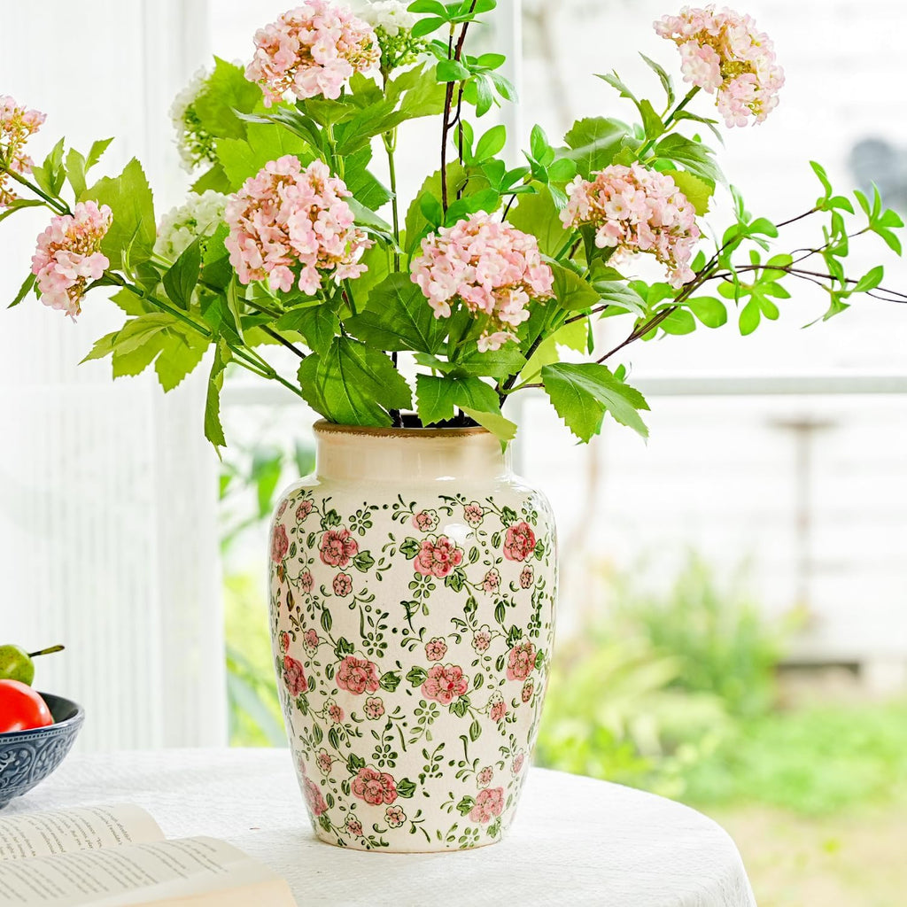 Sungmor Ceramic Flower Vase, Vintage Ice Cracked Glaze Porcelain Vase, Pretty Home Decor Vase for Flower Arrangement, Fresh Flowers, 10.2 Inch Tall Chinoiserie Pottery Vase, Pink Floral Pattern