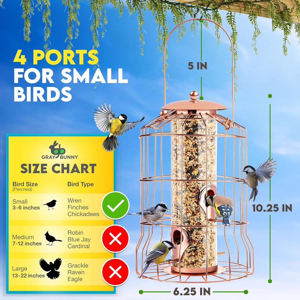 Squirrel Proof Bird Feeder for Outdoors Hanging (Metal Rose Gold) Bird Feeder with 4 Ports, Chew-Proof & Weather Resistant, Backyard Gift (10.25 x 6.25 x 6.25 inches)