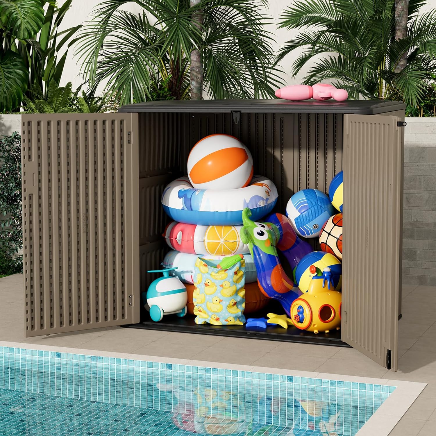 ZZM Large Outdoor Storage Shed, 48 Cu Ft Resin Versatile Storage Cabinet for Patio Accessories, Trash Cans & Garden Tools, Durable Horizontal Storage Box with Lockable Lid (Coffee)