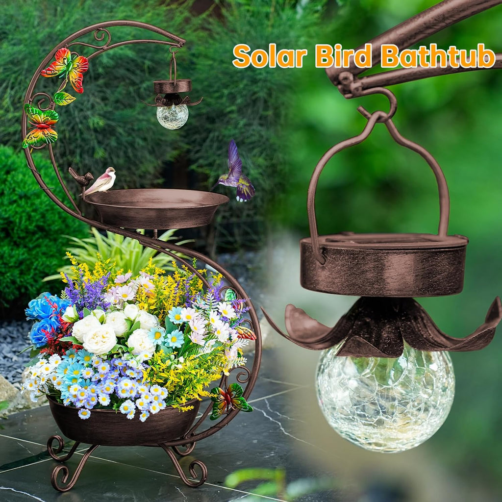 Bird Bath for Outside with Solar Lamp, 36" Birdbaths for Outdoors with Planter Flower Pot, Metal Bird Bath Bowl for Garden Yard Decor (All Vintage Brown)