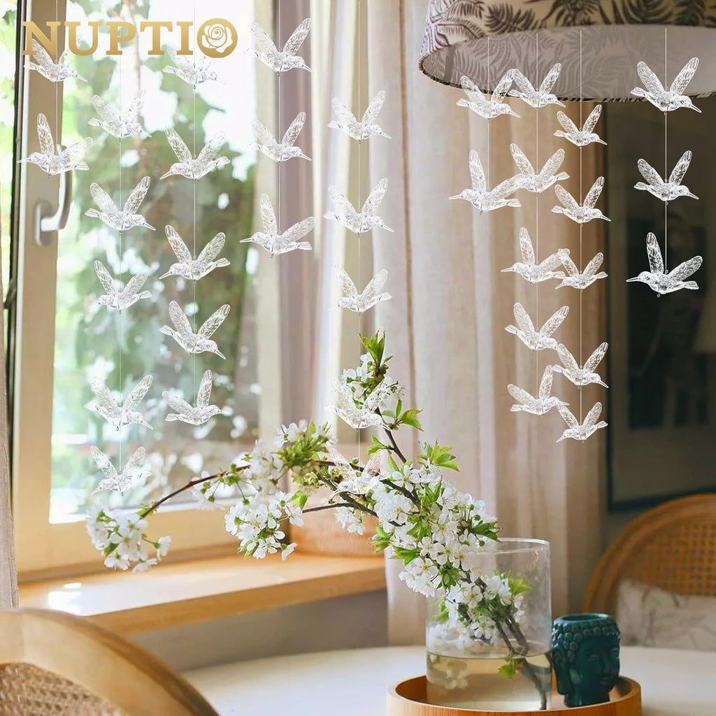NUPTIO Crystal Ceiling Hanging Ornaments: 50 Pcs Acrylic Flying Birds for Wedding Party Window Garden Bedroom Outdoor Birthday - Christmas Tree Decorations with Transparent Line