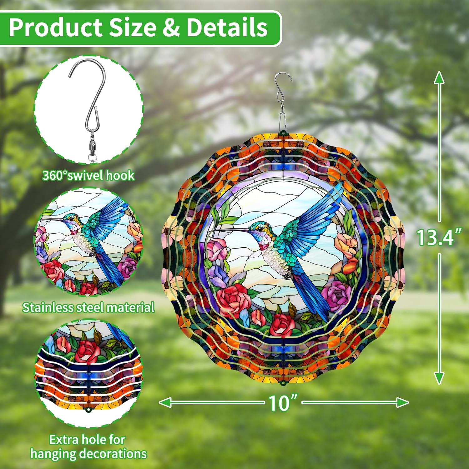 3D Hanging Wind Spinner Butterfly/Hummingbird, 10 Inch Stainless Steel Wind Spinners Outdoor Clearance, Garden Spinner for Outside Patio Yard Home Christmas Decor (Hummingbird)