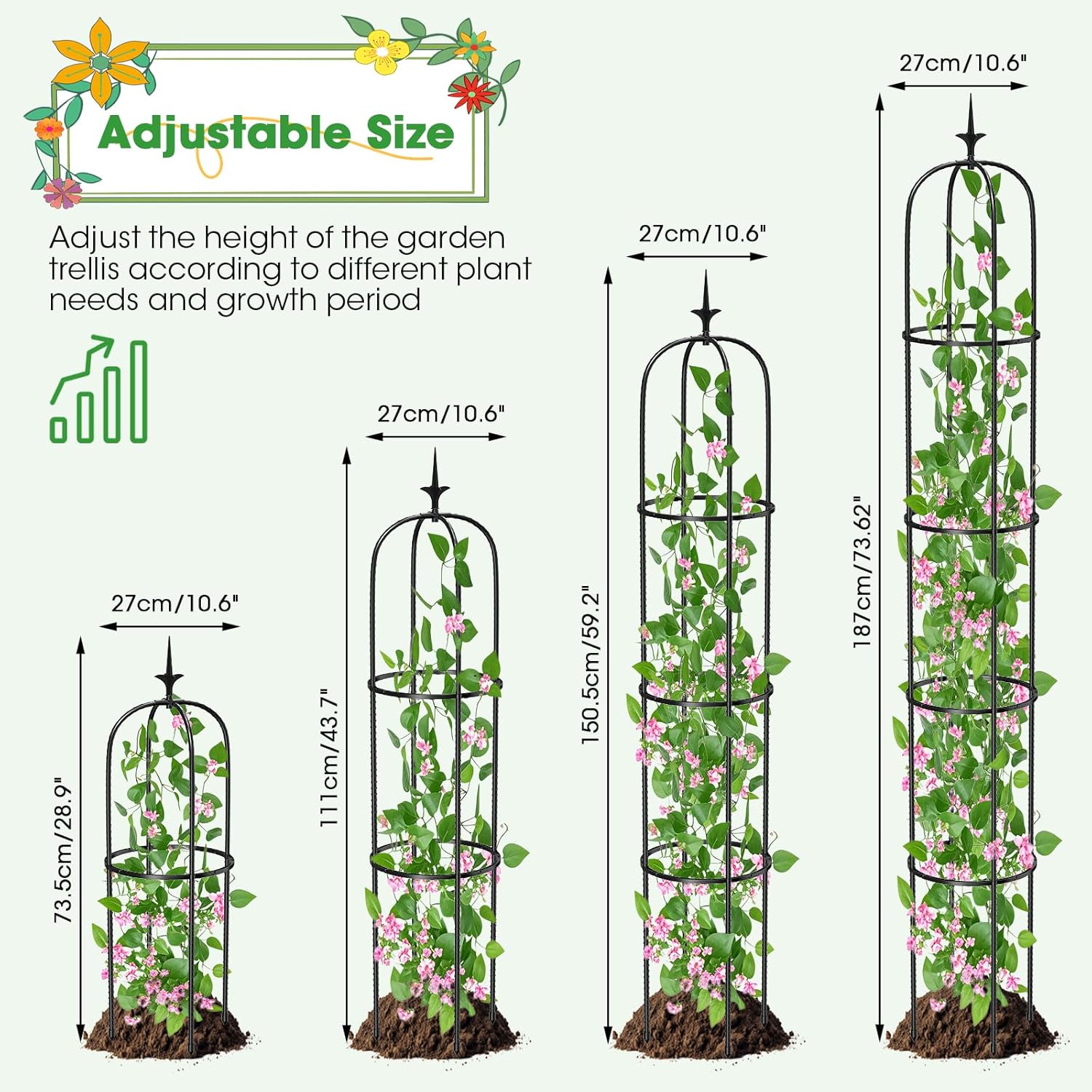 Tower Obelisk Garden Trellis for Climbing Plant，73.6inch Rustproof Metal Potted Plant Climbing Support for Indoor Outdoor Flowers Vegetable Fruits Vines Support (2Pcs)