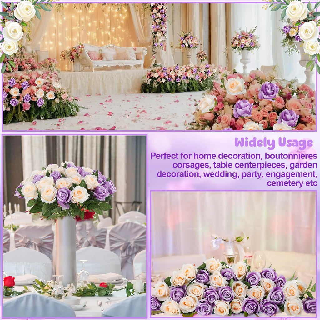 36 Pcs Purple, Champagne Artificial Roses with Long Stems, Purple Fake Silk Rose Artificial Flowers Bulk for Bridal Wedding Bouquet Centerpiece Ball Arrangement Party Decor