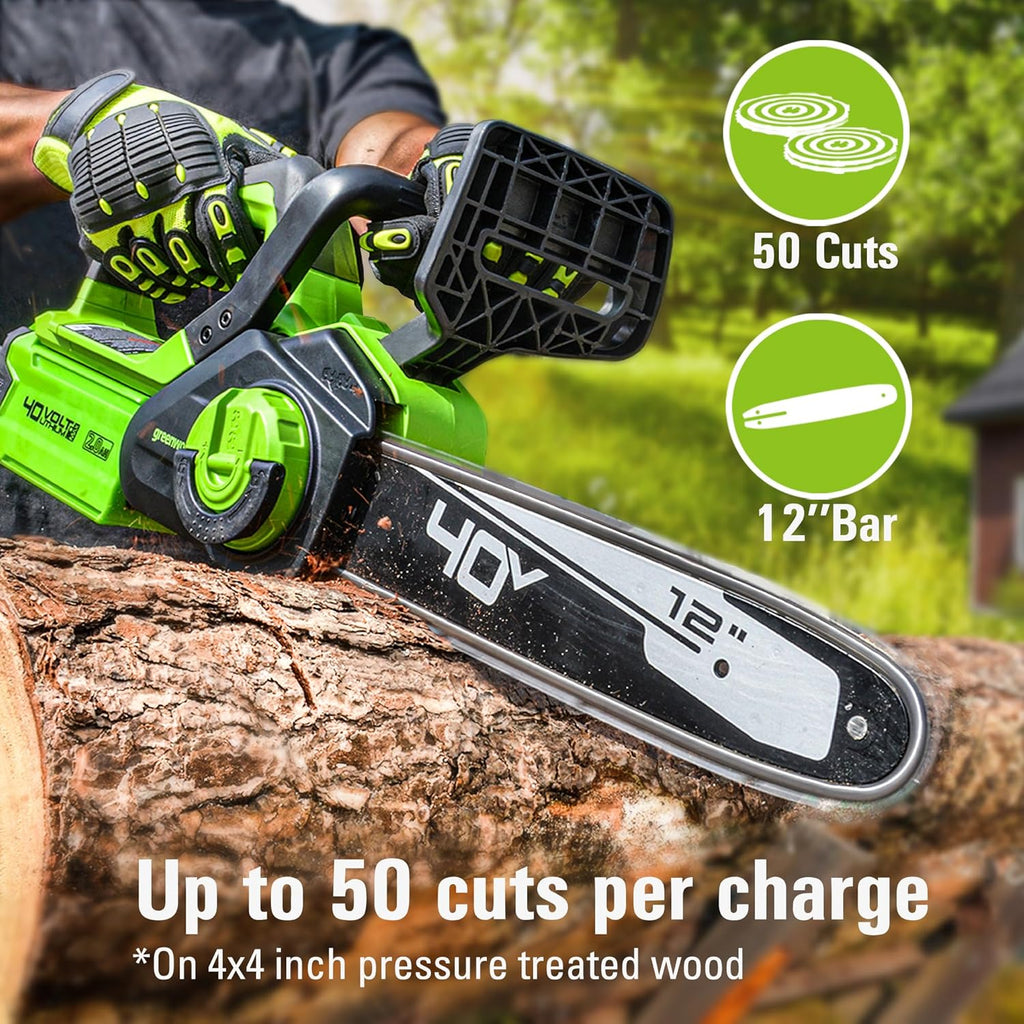 Greenworks 40V 12" Cordless Compact Chainsaw (Great For Storm Clean-Up, Pruning, and Camping), 2.0Ah Battery and Charger Included