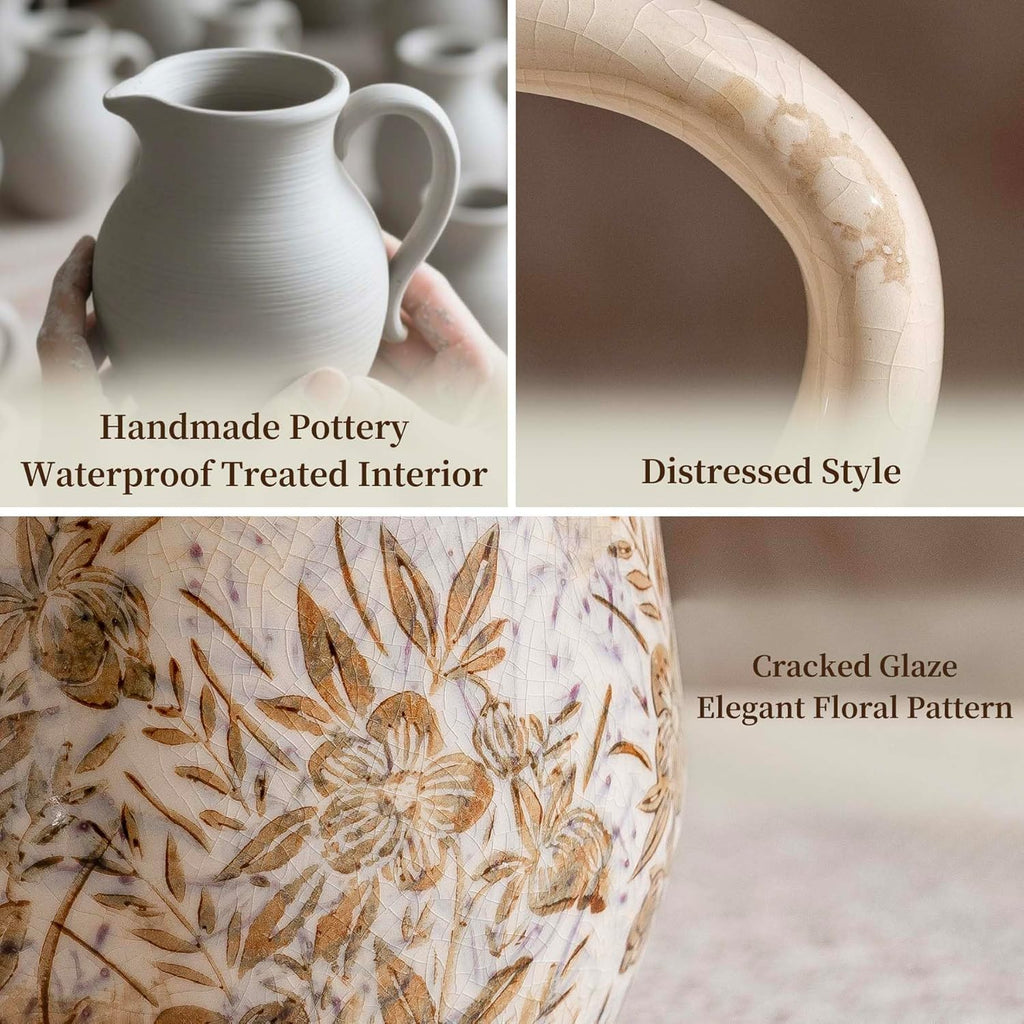 Purple and Borwn Floral Vintage Vase with Handle, French Country Floral Pitcher Vase, Rustic Ceramic Farmhouse Vases for Home Decor, Living Room, Bookshelf, Grand Millennial Tuscan Decor 8.7 in