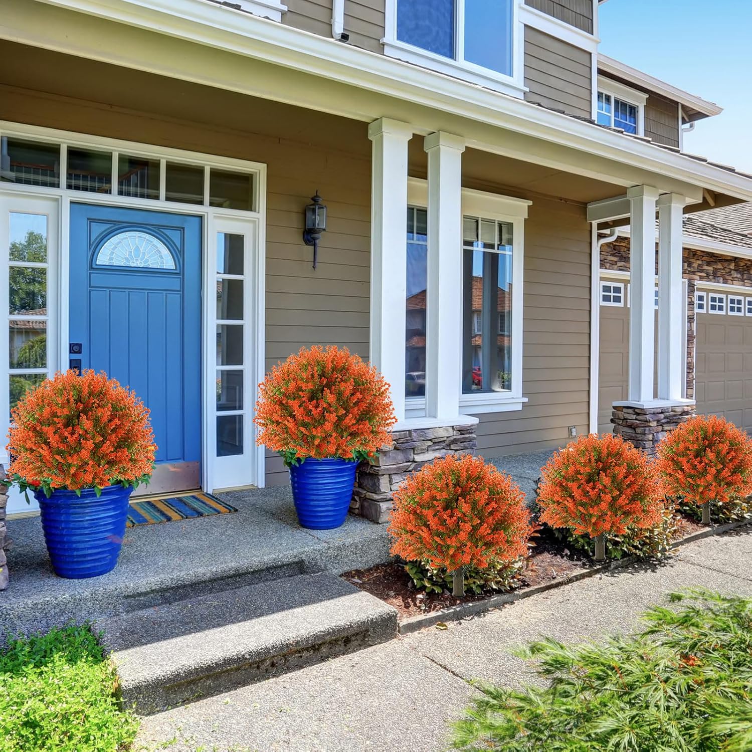 Yunlly 2 Pcs 18 Inch Fall Artificial Boxwood Ball Topiary Tree Outdoor Plants Bush, UV Resistance Faux Shrub with Spike Fall Porch Decor for Indoor Garden Yard Porch Patio Decor (Orange)