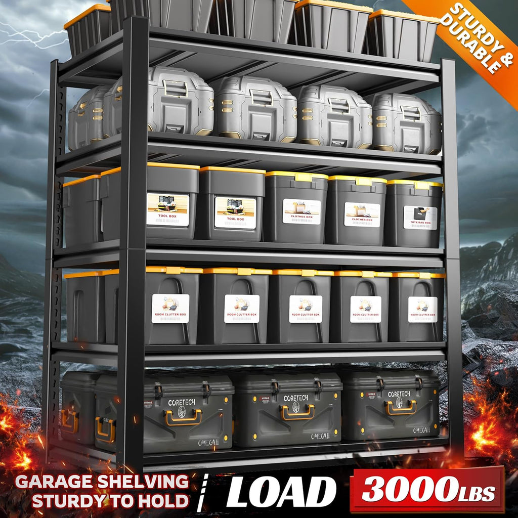 REIBII Garage Shelving, 3000 LBS Garage Shelves, Adjustable Metal Storage Shelves, 5 Tier Heavy Duty Shelving Units for Garage, Basement, Warehouse, Kitchen, Pantry, 72" H x 36" W x 16" D