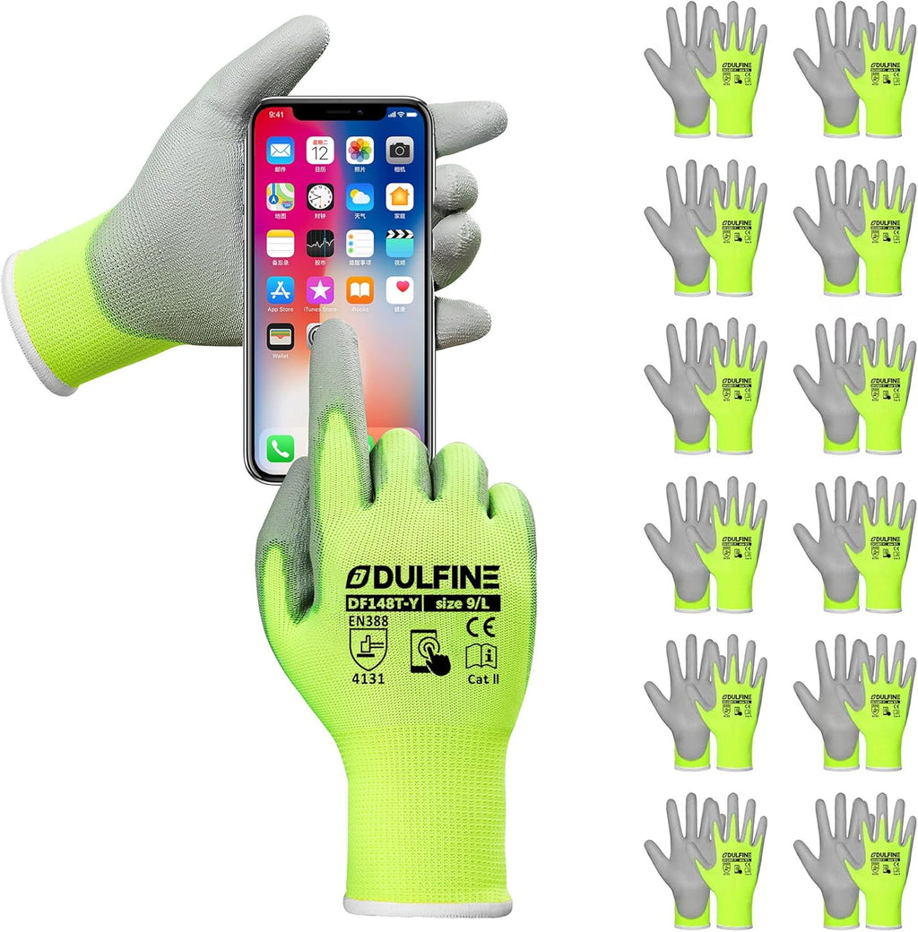 DULFINE Safety Work Gloves PU Coated for Men and Women-12 Pairs,Hi-Vis Seamless Knit Glove with Two Fingers Touchscreen,Ideal for General Duty Work (Large)