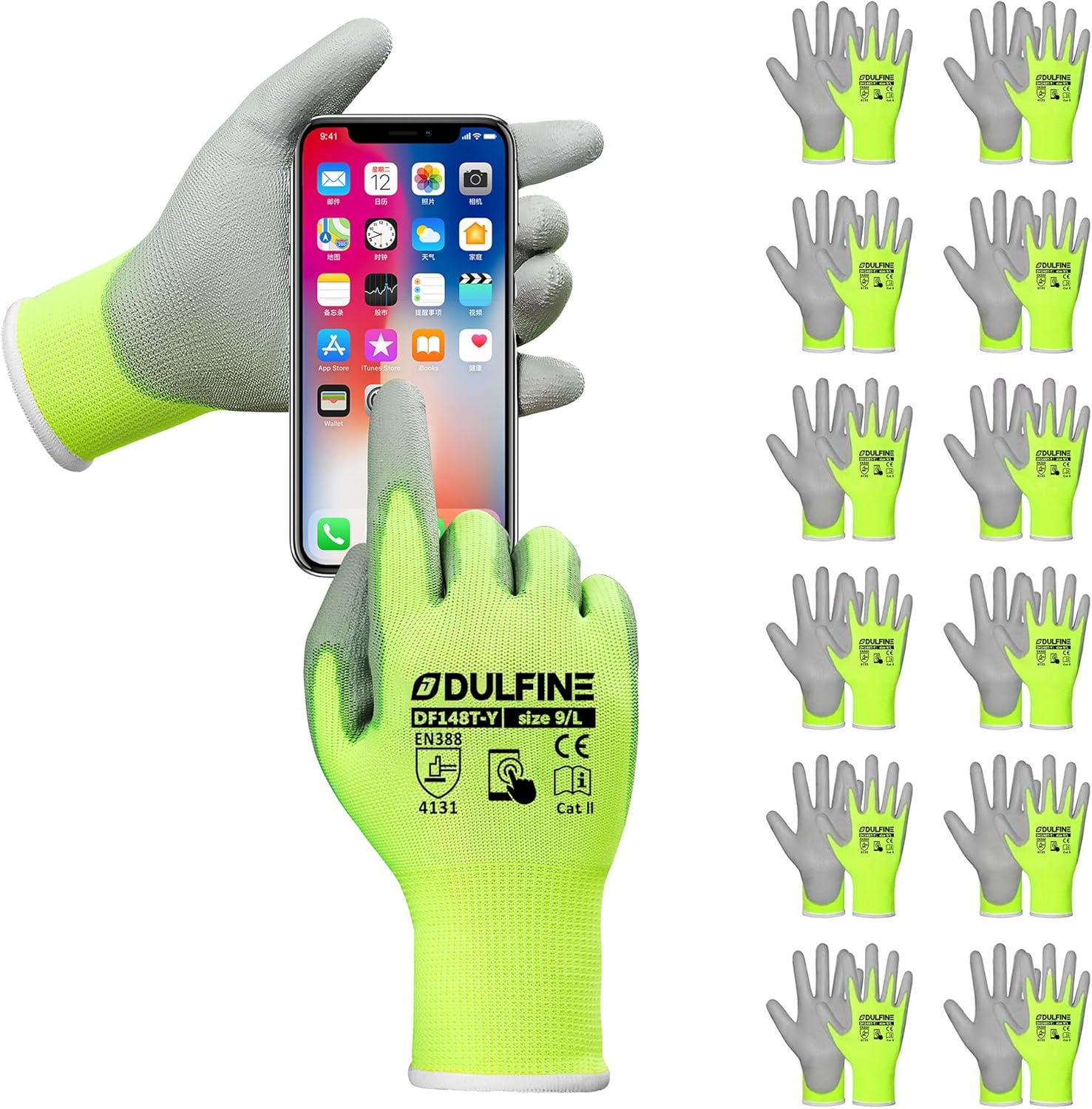 DULFINE Safety Work Gloves PU Coated for Men and Women-12 Pairs,Hi-Vis Seamless Knit Glove with Two Fingers Touchscreen,Ideal for General Duty Work (Large)