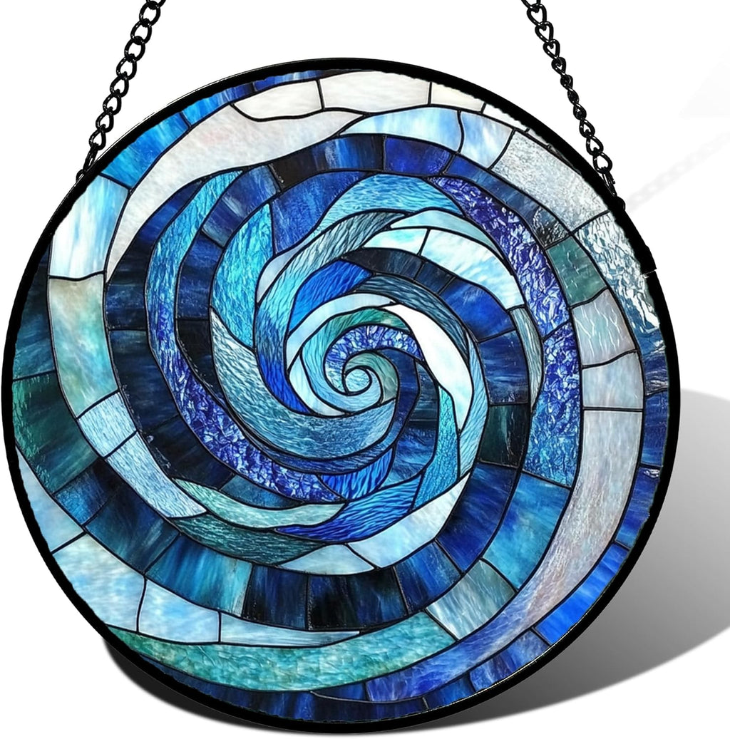 Stained Glass Window Hanging - Blue Abstract Swirl Suncatcher for Doors Garden Patio Unique Sun Catchers Decor Christmas Mother's Day Birthday Gifts for Women Men Mom Nana Friend 7.8 in