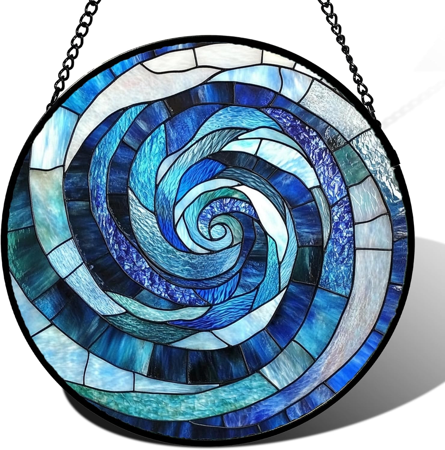 Stained Glass Window Hanging - Blue Abstract Swirl Suncatcher for Doors Garden Patio Unique Sun Catchers Decor Christmas Mother's Day Birthday Gifts for Women Men Mom Nana Friend 7.8 in