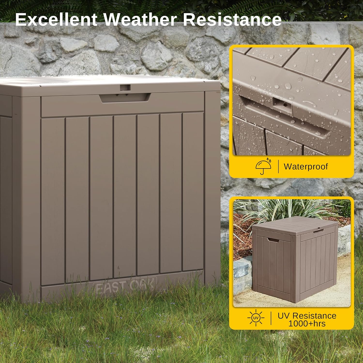 EAST OAK Outdoor Storage Box, 31 Gallon Deck Box, Waterproof Resin Storage Bin for Patio Cushions, Gardening Tools, Accessories, Lockable, UV Resistant, Brown