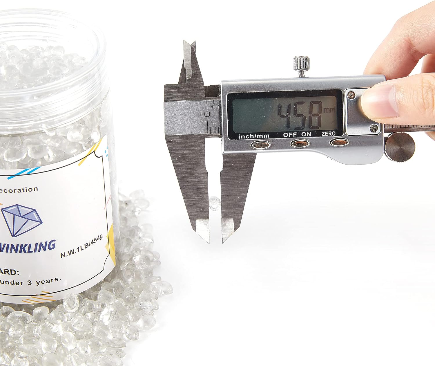 TWINKLING High Luster Round Fire Glass Stones,Glass Marbles Pebbles,Glass Beads Gems for Fire Pit Vase Fillers Crafts Aquarium Garden Decoration,3-6mm,1-Pound Jar (Crystal)