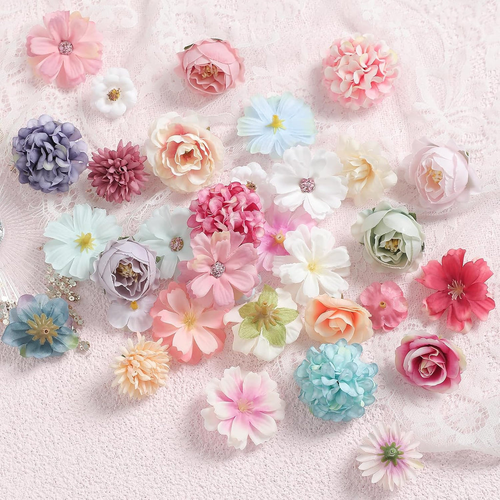 Faux Flower Heads Mini Charming Color Artificial Flower Heads Fake Peony Daisy Rose Flowers Multicolor Small Silk Daisy Flower Heads for Craft Garland Wedding Party DIY Home Decoration