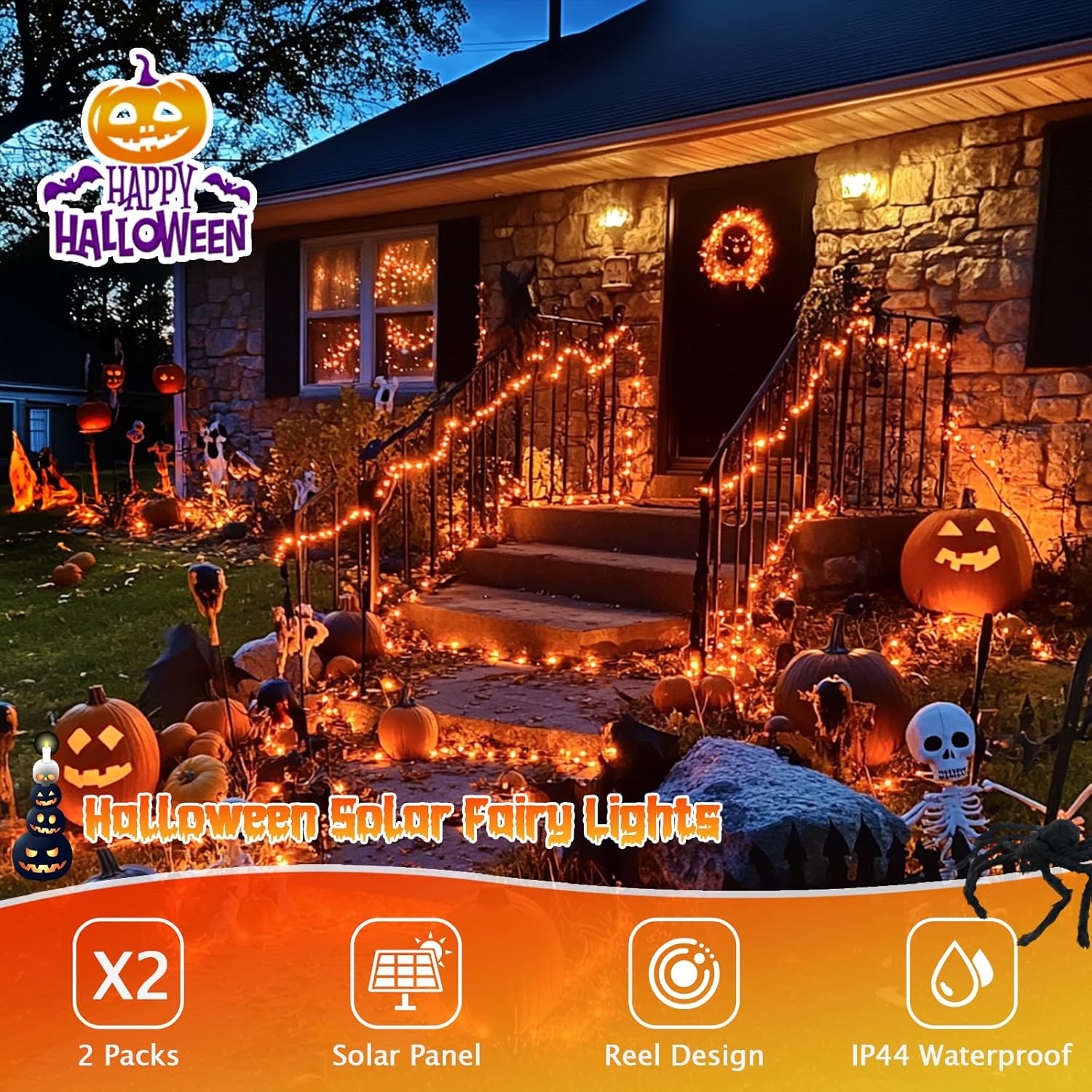 JMEXSUSS 2 Pack Solar Halloween Lights, 33ft 100 LED Orange Halloween Lights Outdoor, Waterproof Solar Fairy String Light for Tree Yard Patio Garden Thanksgiving Decorations