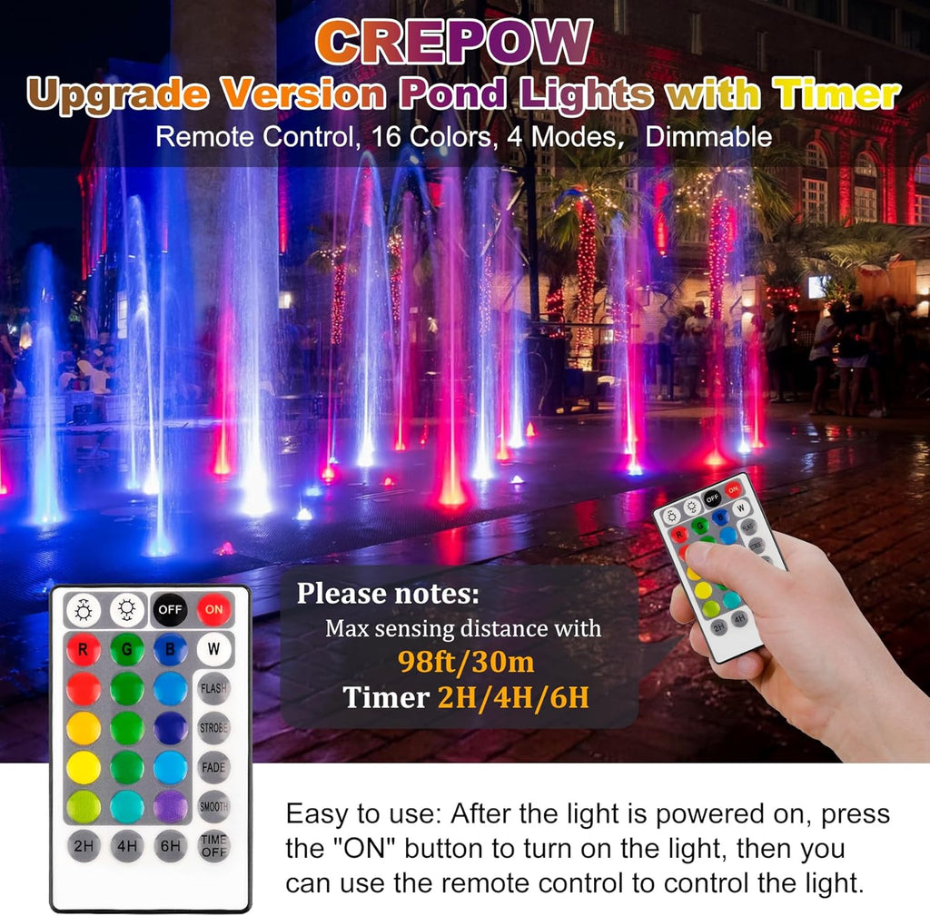 RGBW Pond Lights with Timer, 18 LED Super Bright Underwater Submersible Fountain Lights Color Changing Spotlights, Remote Control IP68 Waterproof for Fish Aquarium Tank Garden Pool (Set of 3)