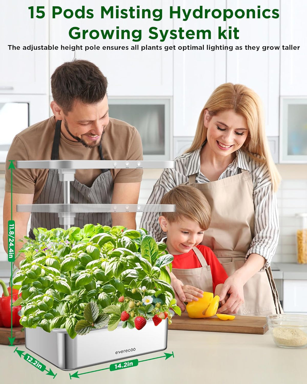 Stainless Steel Hydroponics Growing System kit Indoor Garden: Smart Indoor Herb Garden with Grow Light,15 Pods Plant Germination Kit,6L Water Tank with Quiet Pump,for Vegetables, Herbs and Flowers