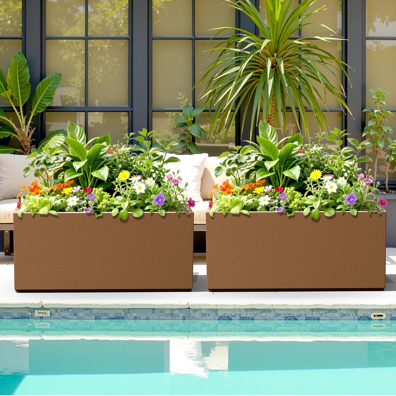 Rectangle Planter for Indoor & Outdoor, Tall and Long Planter Boxes with Drainage Holes, Mental Planter Box All-Weather Use for Plants, Flowers, 38" L x 15" W x 16.3" H, Brown