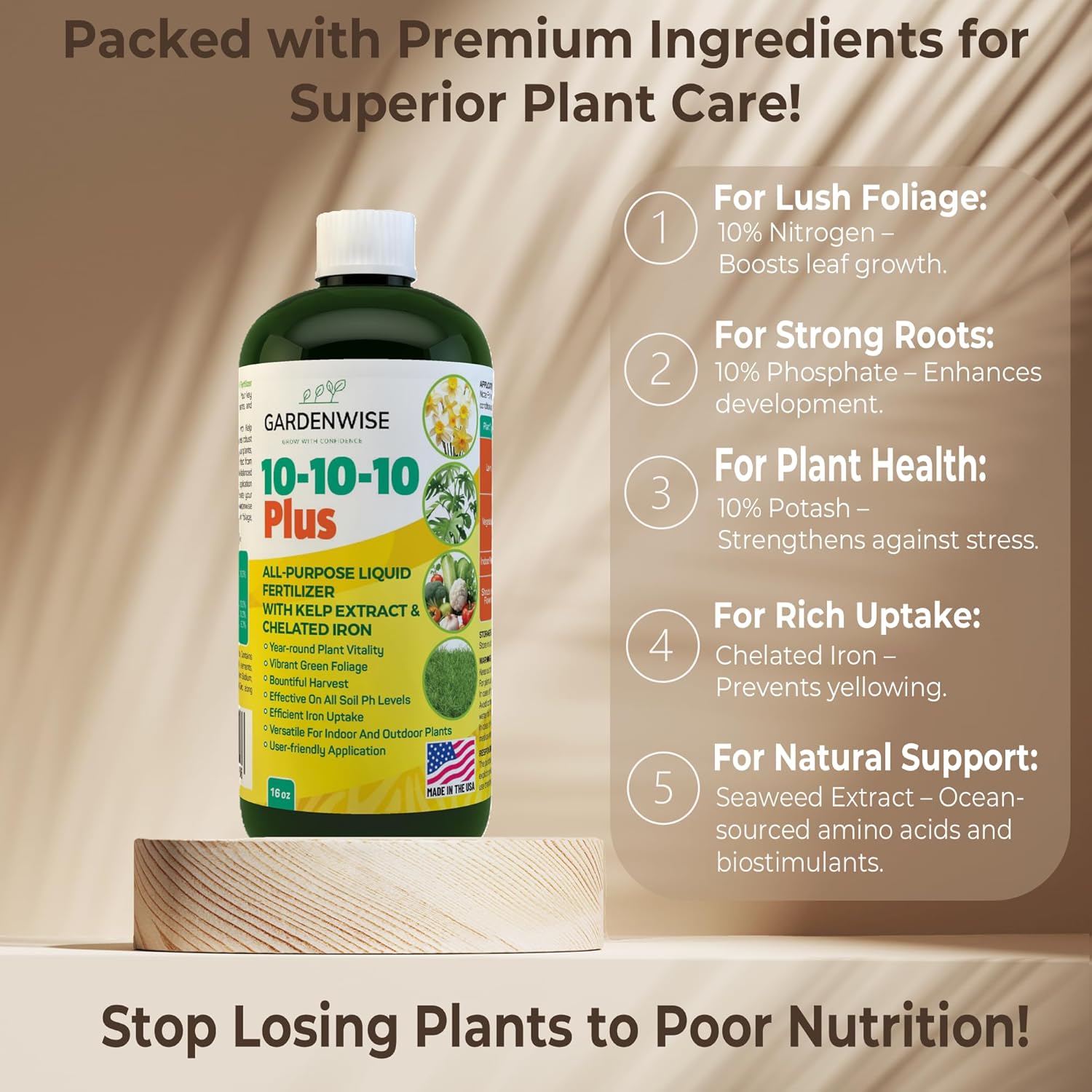 10-10-10 All Purpose Plant Food - Liquid Fertilizer with Seaweed Kelp & Iron - Indoor & Outdoor Plant Food, Vegetables, Flowers, Lawn & Garden 1x32oz