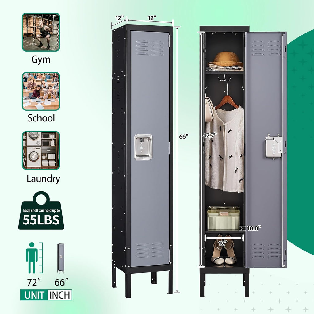 Letaya Metal Locker for Employees,Lockable Clothes Storage Steel Organizer Cabinet for Work,School,Gym,Home,Office,Staff,Kid Room (1 Door-Black Gray)