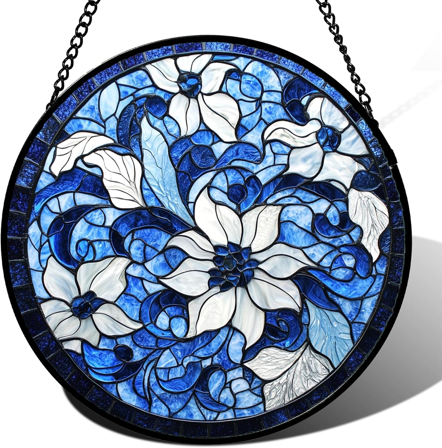 Stained Glass Window Hanging - Blue White Flowers Suncatcher for Doors Garden Patio Boho Style Sun Catchers Decor Christmas Mother's Day Birthday Gifts for Women Men Mom Nana Friend 6.3 in