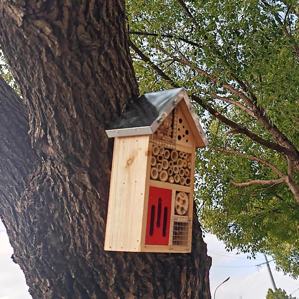 TIHOOD Natural Wooden Hanging Bee House for Gardens Natural Wooden Butterfly Hotel for Bee, Butterfly, Ladybirds, Habitat, Bee Hotel Garden