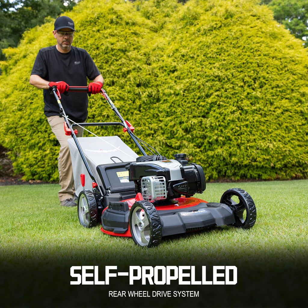 PowerSmart Self Propelled Gas Lawn Mower, 22-Inch with 140cc Briggs and Stratton E550 Engine 3-in-1 Rear-Wheel Drive Lawnmower with Bagging