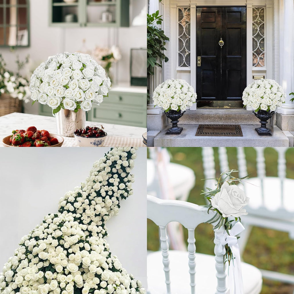 Fake Plants Roses Flowers Plastic Flowers Spring Decorations for Home Gifts for Gf Roses Artificial Flowers for Vase Fake Flowers Home Decor Fake Plant19.6“ (White 100PCS)