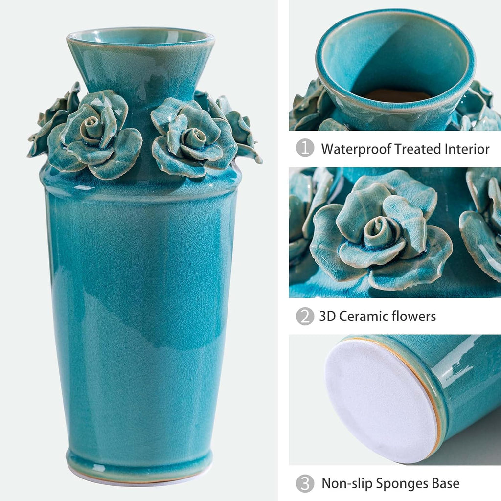 Handmade 3D Ceramic Flower Blue Bud Vase for Centerpieces, Decorative Blue Flower Vases for Wedding Reception, Home Decor, Living Room, Cottage Core Decor, Jarrones Decorativos para Sala 8.7 Inch