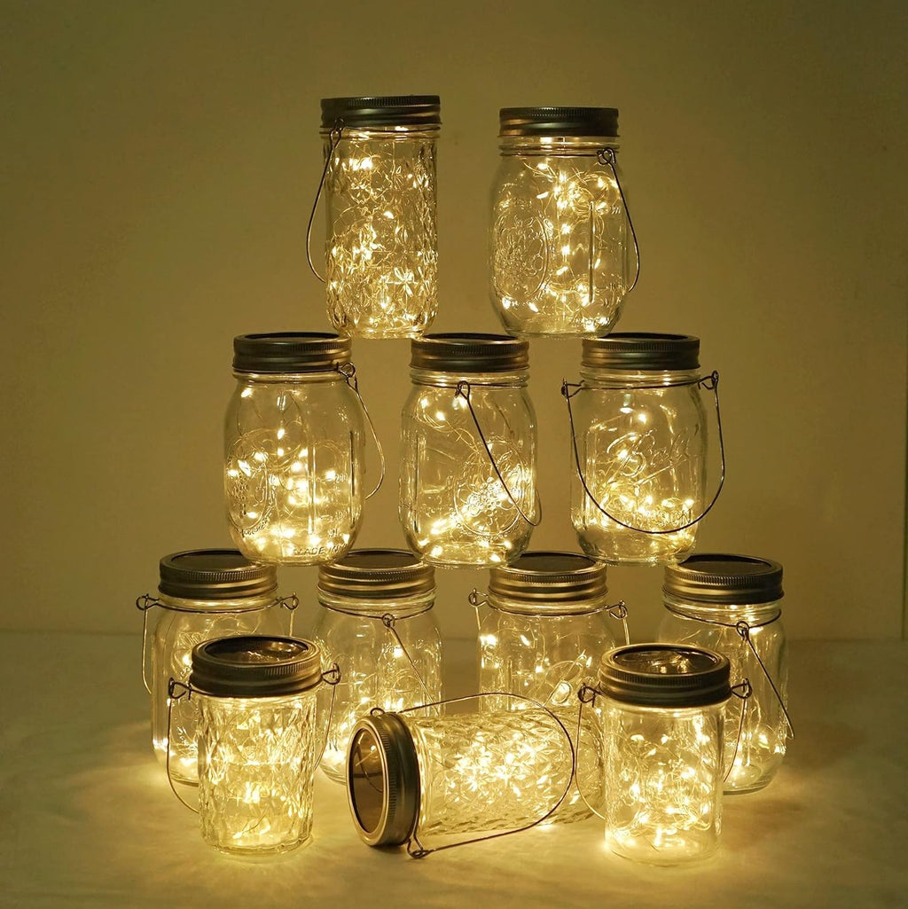 Decorman Solar Mason Jar Lights, 12 Pack 30 LED Fairy Star Firefly String Lids Lights with 12 Hangers for Patio Yard Garden Party Wedding Christmas Decoration(Jars Not Included)