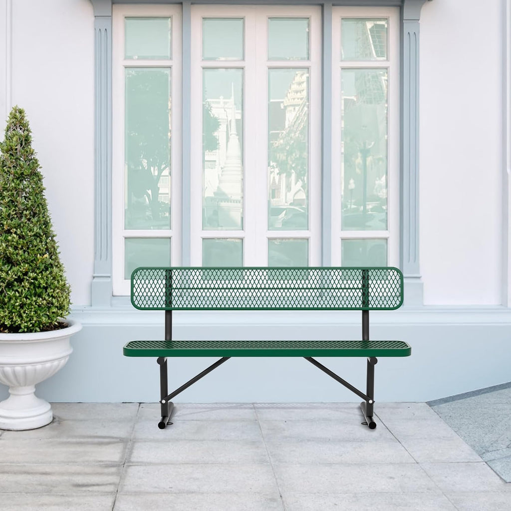 6 Feet Heavy Duty Metal Park Bench for Outside, Outdoor Bench with Backrest & Portable Frame, Commercial Benches for Shopping Malls, Stores, Parks, Patios, Decks, Green
