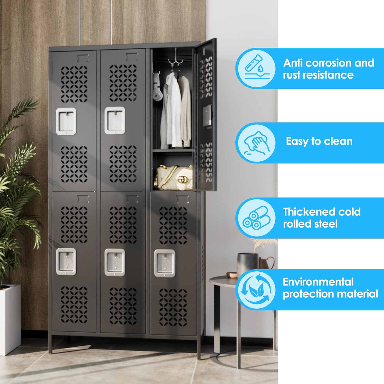 METAN Upgrade Metal Locker for School Office Gym Bedroom,6 Doors Steel Storage Locker Cabinet for Employees,Industrial Storage Locker with 1 Shelves,Assembly Required,Black