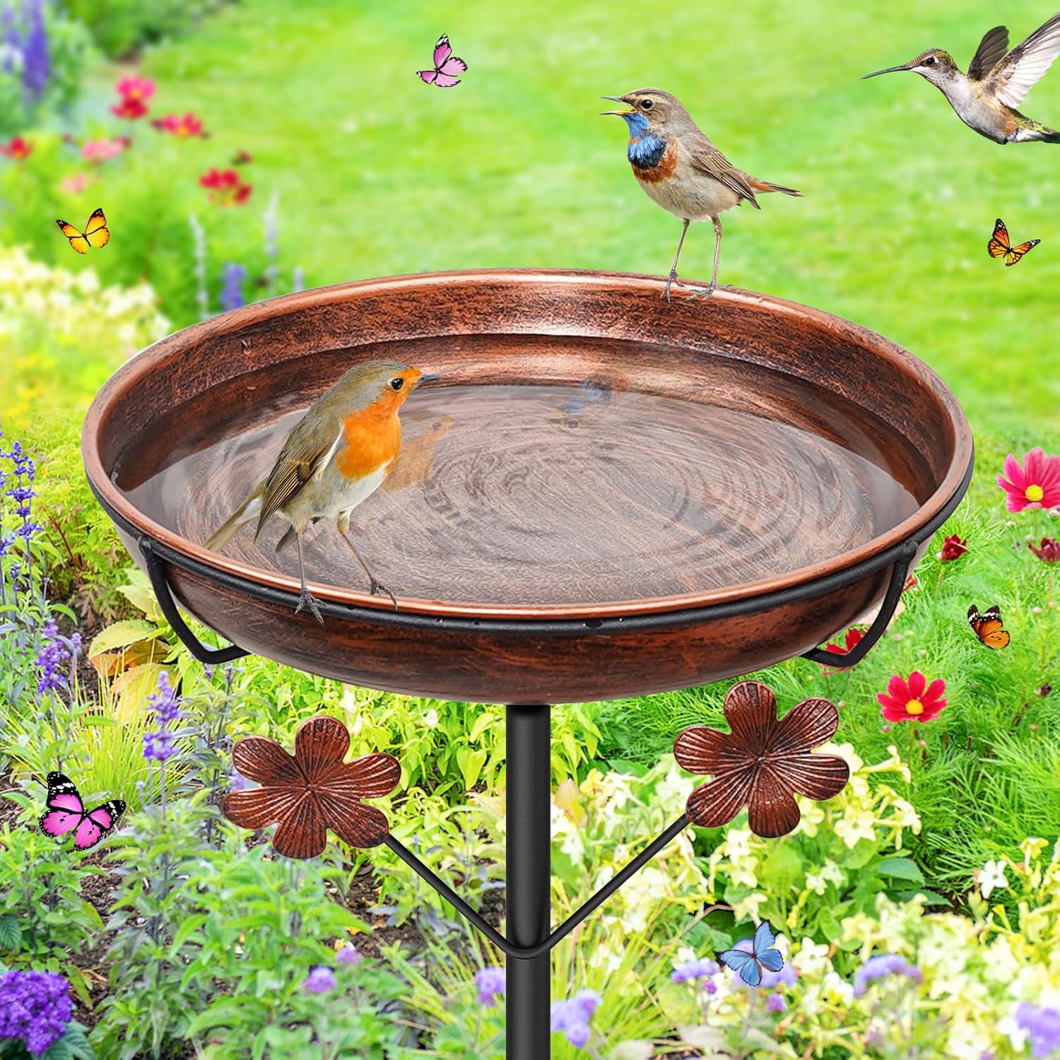 Metal Bird Bath for Outside, Freestanding Birdbaths Bowl Outdoor with Iron Stake, Vintage Spa Birdfeeder Feeder Bowl for Garden Patio Yard Lawn Decor, Easy to Clean