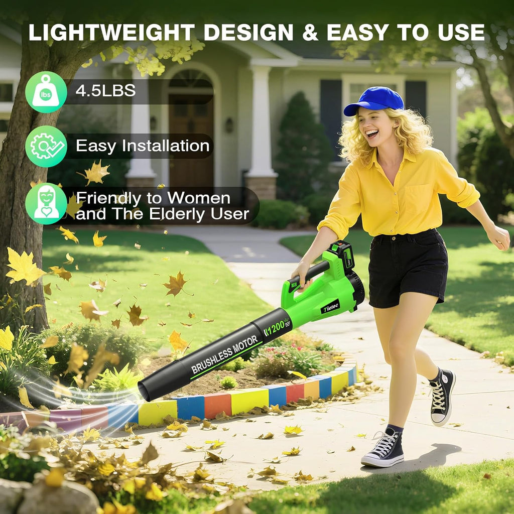 Tietoc Leaf Blower Cordless, 1200W Brushless Electric Leaf Blower with 2 X 5.0Ah Battery, 6 Speed Levels, 2 Extended Tube and Nozzles, Powerful Leaf Blowers for Garden, Patio, Lawn Care (Green)