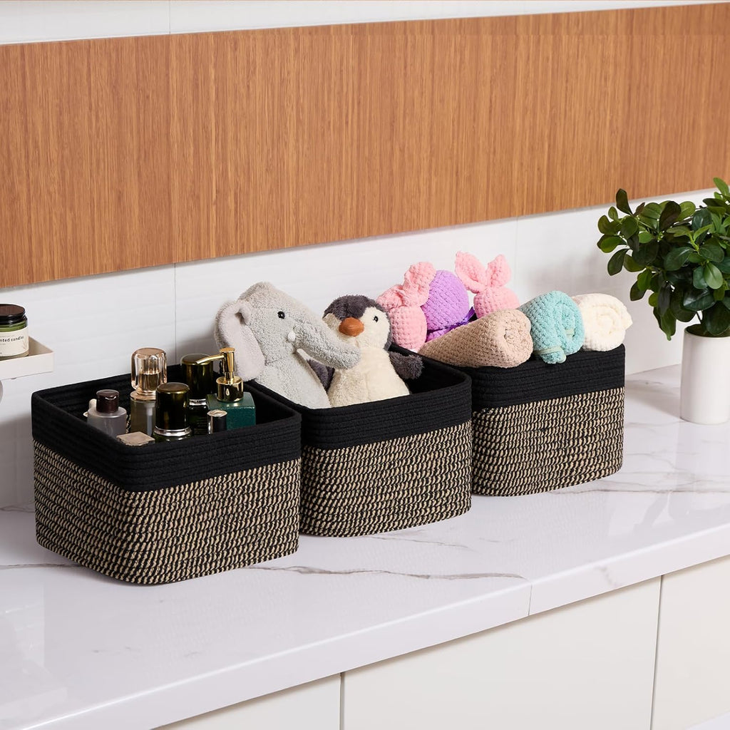 Small Organizing Baskets for Cubes Shelf, 9.7x9.7x7.1 Inch Rope Woven Storage Bins for Nursery Shelves Storage, Cute Toy Basket, Square 3 Packs Black Brown