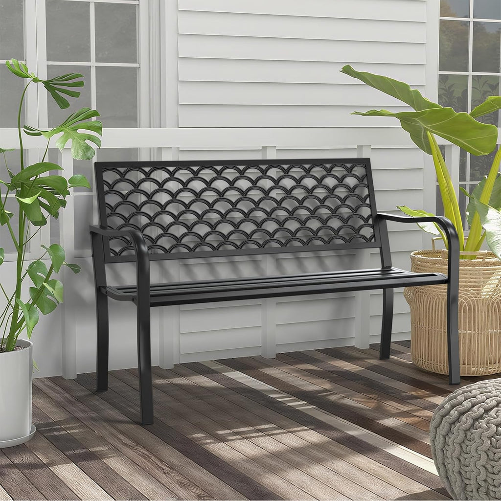 50" Heavy Duty Outdoor Bench, Wrought Iron Weatherproof Garden Bench Black Metal Patio Bench for Park Proch Yard 880lbs