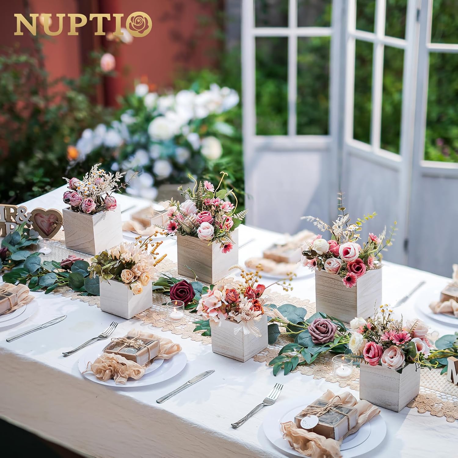 NUPTIO Wooden Box for Centerpiece Wedding: 6 Pcs Rustic Square Planter Box FarmhouseTable Fall Decor - 4×4" & 5×5" Whitewashed Small Wood Vases Flower Pots for Windowsill Home Garden
